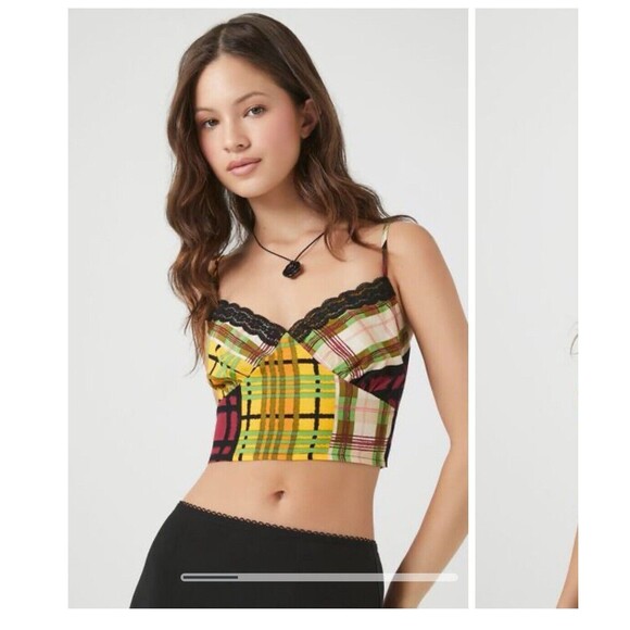 NWT Forever 21 Plaid Tank Cami Crop Adjustable Straps Lace Trim Women’s Size Med - Picture 1 of 7